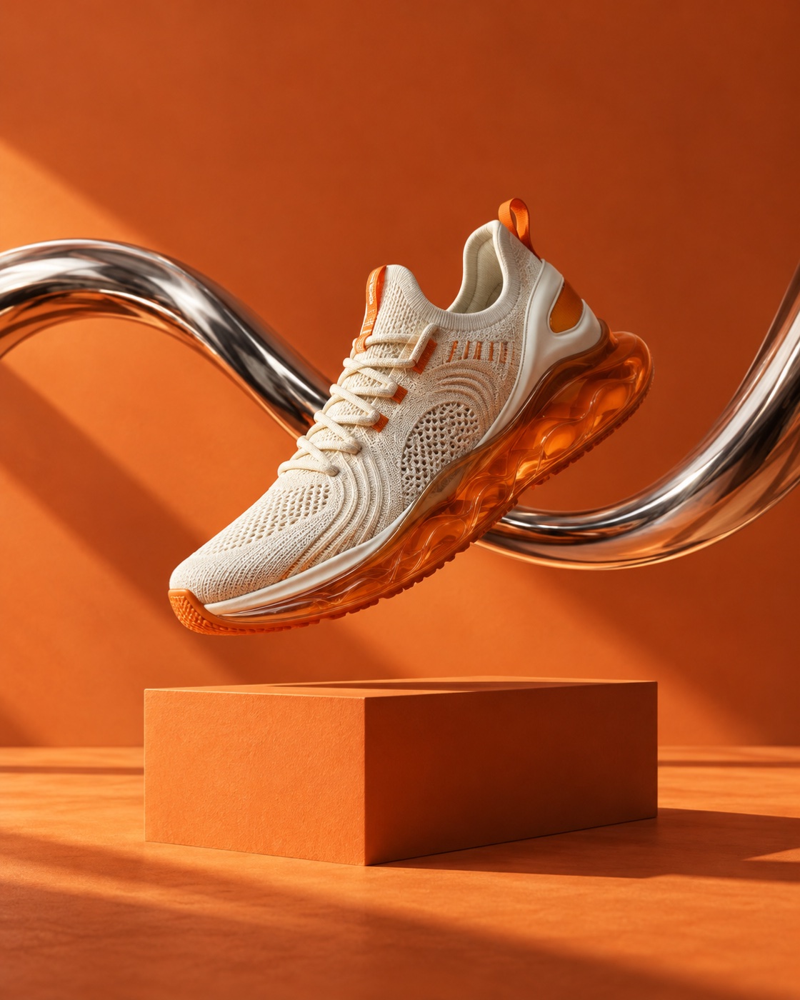 Concepto creativo de un sneaker naranja y blanco